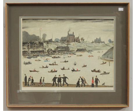 Laurence Stephen Lowry R.A. (British, 1887-1976) 'Crime Lake' with figures in rowing boats and buildings beyond, signed in pe