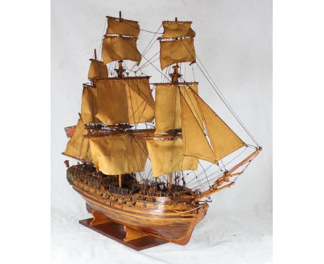A scratch built model of the 18th century 24-gun Porcupine-class sixth-rate post ship, HMS Pandora, raised on wooden base, 74