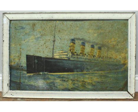 RMS Mauritania Interest.  An early 20th century portrait of the Cunard passenger ship under steam, colour-lithograph on tin, 
