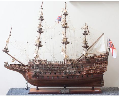 A scale wooden model of 'Sovereign of The Seas,' c.1637, modelled with full rigging, sails furled, gun ports open, on wooden 