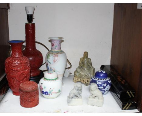 SECTION 4.  A selection of Oriental ceramics including ginger jars and vase, a cinnabar lamp, vase and trinket jar, a pair of