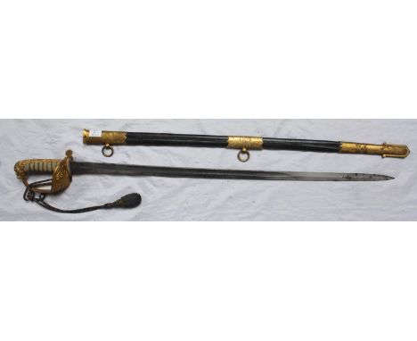 A late 19th century naval officers dress sword, with 31.5" pipe-back blade with three-quarter fuller and spear tip, arabesque