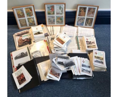 Two boxes of train ephemera including photographs of locomotives including some from the National Railway Museum, volumes of 
