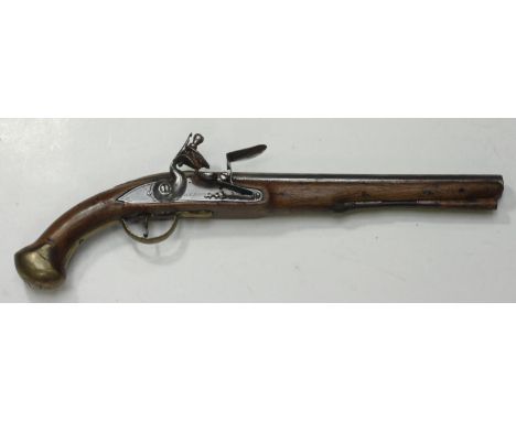 An 18th century Officer's Heavy Dragoon flint-lock pistol, lock plate engraved ?Shepherd,? 11.75" plain steel barrel, with br