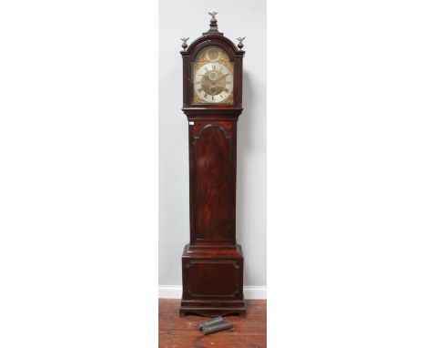 A George III mahogany longcase clock, with 8-day movement striking a bell, arched square brass with pierced brass spandrels, 