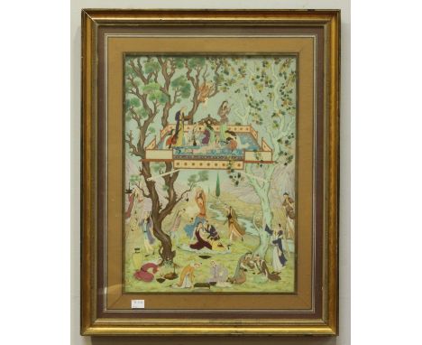 19th century Ottoman School. Large garden scene with courting couples, minstrels and attendants and an elevated trellised pla