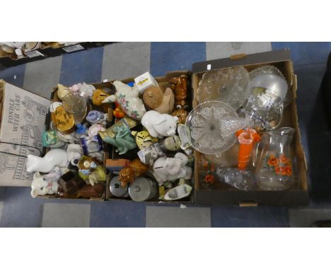 Three Boxes of Ceramic and Glass Ornaments, Money Boxes etc 