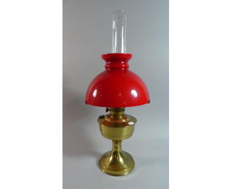 A Vintage Aladdin Brass Oil Lamp with Coloured Glass Shade, Total Height 60cm 