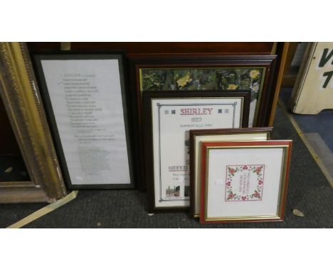 A Collection of Four Framed Needlepoints and a Tapestry Together with a Print 