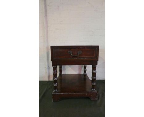 A Reproduction Mahogany Rectangular Two Tier Side Table with Tooled Leather Top, Single Drawer and Stretcher Shelf on Turned 