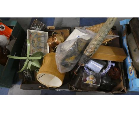 Two Boxes of Sundries to Include Kitchen Scales, Oriental Parasol, Light Shades etc 