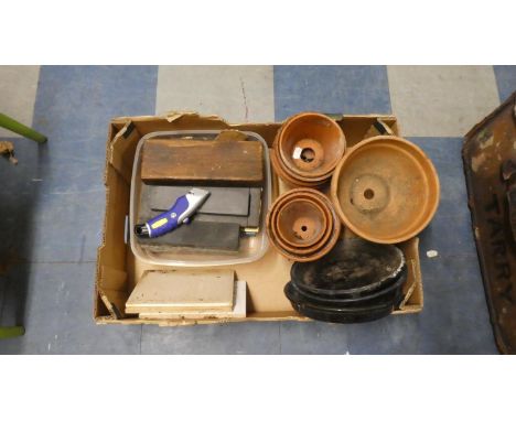 A Box Containing Various Tools, Brass Fittings, Terracotta Plant Pot etc 