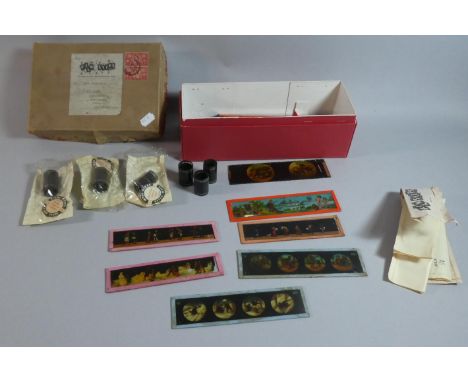 A Collection of Various Vintage Coloured Magic Lantern Slides, Box of Commemorative Film Strips and Slide Box 