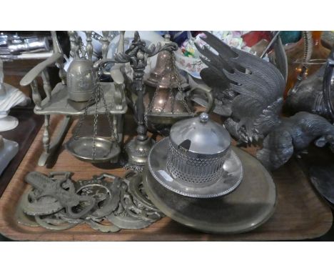 A Tray of Metalwares to Include Brass Rocking Horse and Temple Bell, Brass Pan Scales, Horse Brasses, Silver Plated Fighting 