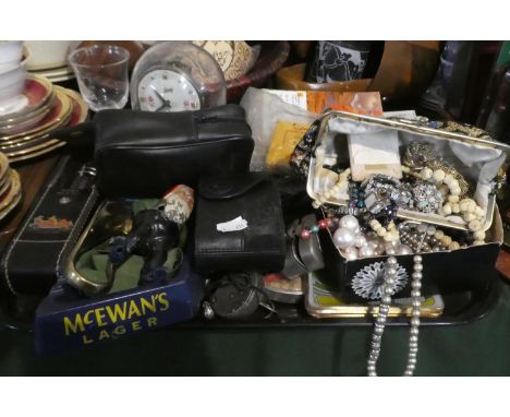 A Tray of Sundries to Include Bag of Costume Jewellery, Pillar Clock, Postcards, Printed Ephemera etc 