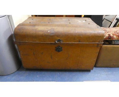 A Vintage Metal Travelling Trunk Containing Pine Box and Stool Together with Cast Iron Stove Lid 