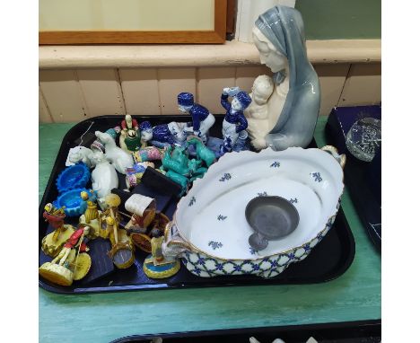 A selection of oriental figures, some ceramic, some plastic plus a Dresden dish, Delft figurines and a German mother and chil