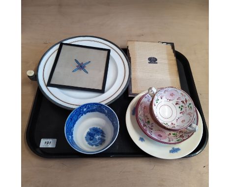 A pair of 19th Century pink lustre cups and saucers, a pewter hot water dish, a blue and white bowl plus an Art Deco photo fr