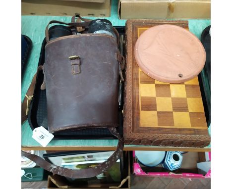 A pair of Ross of London 7x50 binoculars, a carved wooden chess set in a box, a cased wine thermometer plus a Victorian comme