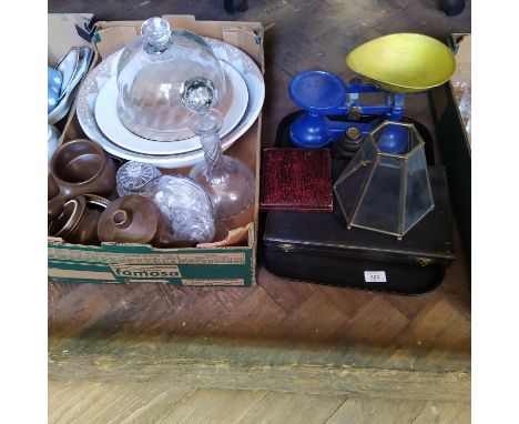 Assorted bowls, soup bowls and decanter plus scales with weights and cased fish knives, forks and cake forks