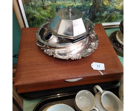 A canteen of silver plated Kings pattern cutlery, six settings, A1 Sheffield plate plus three silver plated serving dishes