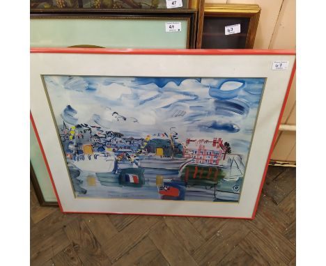A framed coloured print of 'Deauville 1938' by Raoul Dufy 1877-1953, a 1979 framed and glazed presentation scroll with seals 