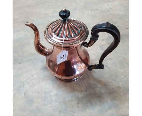 A Georgian seamed copper coffee pot with gadrooned lid, engine milled decoration and a treen swan neck handle, 9 1/2" tall