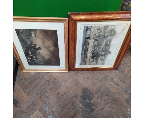 A pair of framed prints after Morland plus one other and a framed print in maple frame of George IV travelling by carriage in
