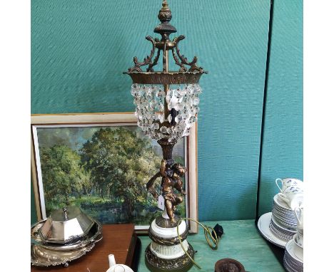 A large late 19th Century French bronzed finish metal lamp with cherub and Bill of Sale 2001, 36" tall