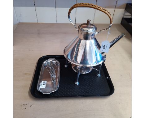 A silver plated kettle on stand with burner plus a plated candle snuffer and stand