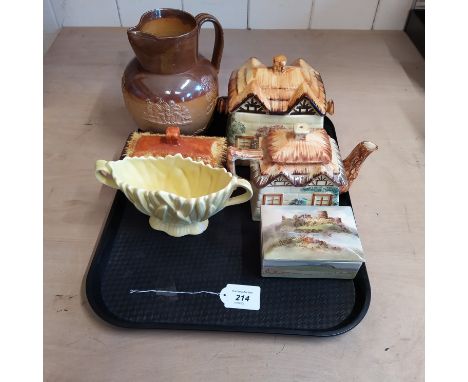 A Doulton Lambeth harvest jug, a selection of cottage ware items, teapot, biscuit barrel, Prices butter dish, small Sylvac pl