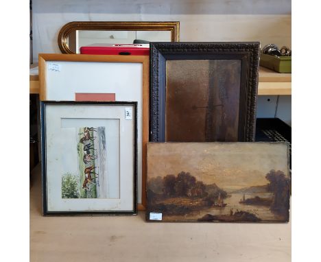 An unframed oil on canvas of a lakeland scene with figures, framed oil on board with shore scene and boats, a watercolour of 