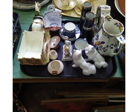 Mixed vintage ceramics including a pair of silver rim vases, silver footed shell salt, Victorian Pearlware mug (as found) etc