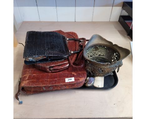 Two vintage leather faux crocodile handbags and briefcase (all as found) plus a gilded brass jardiniere, a white metal trinke