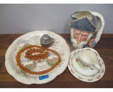Ceramics to include a Royal Doulton jug on Bunnykins cup saucer and plate, a commemorative plate, an inkwell and a bead neckl
