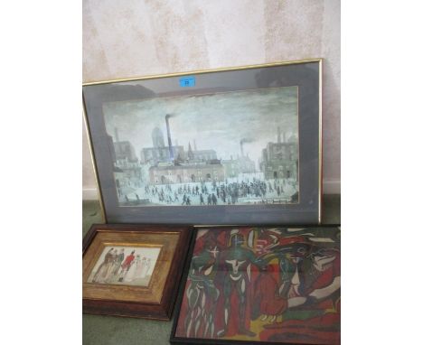 A framed and glazed Lowry print, unsigned, together with an abstract oil and a framed coloured print of 19th century figures 