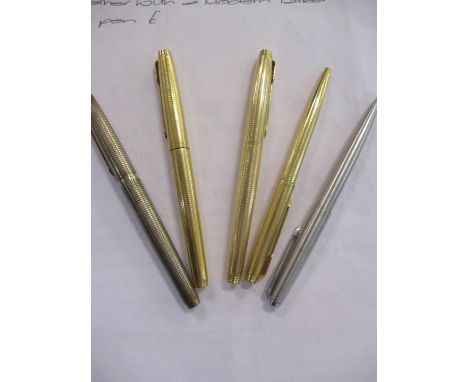 Four 14 carat gold filled Parker pens to include three fountain pens, together with a modern Parker roller ball pen 