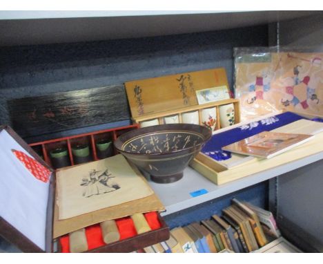 A mixed lot to include a box set of three traditional Japanese knives, boxed ceramics, cups and a Hakat-ori silk celebrating 
