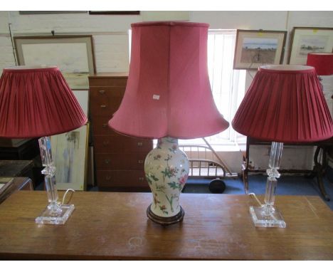 A pair of clear Perspex table lamps and a late 20th century oriental style ceramic lamp on treen mount, together with three m