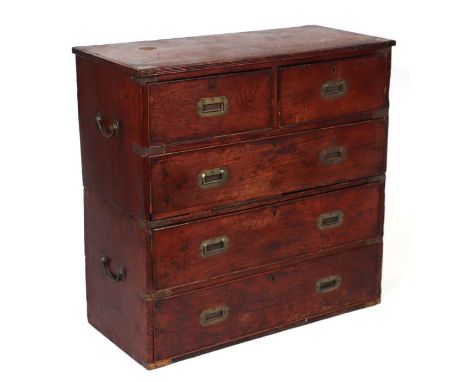 A 19th century teak brass bound military campaign chest with two short and three long drawers. 87cm wideCondition ReportThe c