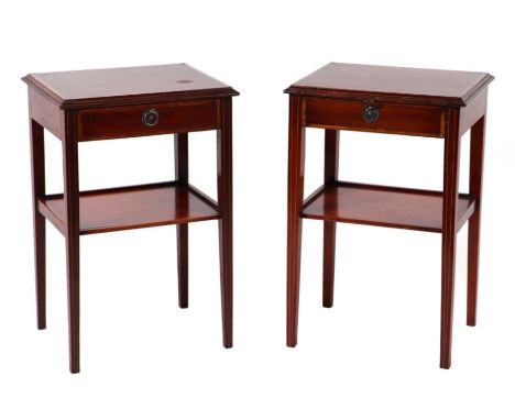 A pair of Remploy Ltd George III style mahogany bedside tables with single frieze drawers above an under-tier joined by taper