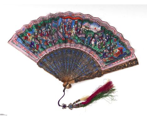 A Chinese gilt metal with white metal filigree overlay fan, the guards decorated with enamel, flowers and foliage, the fan ha