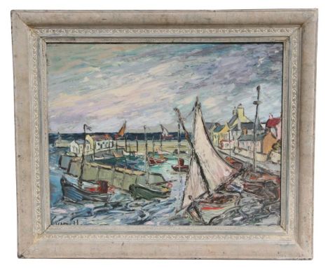 George Hann - a double sided image depicting a harbour scene and a half length portrait of a boy playing a lute to verso, oil