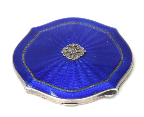 An early 20th century silver &amp; blue guilloche enamel compact, Birmingham 1935, 8cms wide.