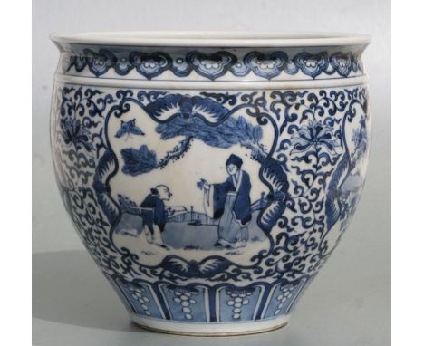 A Chinese blue &amp; white planter or fish bowl decorated with figures and birds within panels with foliate scrolls, 20cms hi