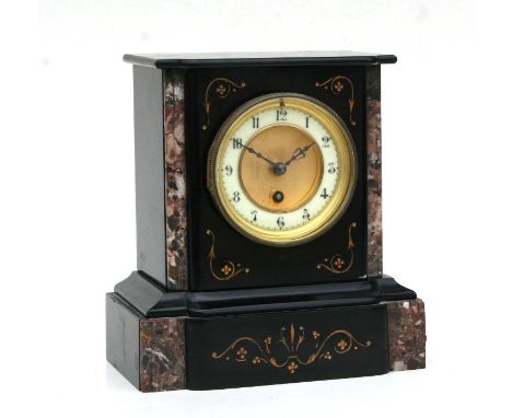 A Victorian black slate and marble mantle clock, the cream enamel chapter ring with Arabic numerals, 22cms wide.