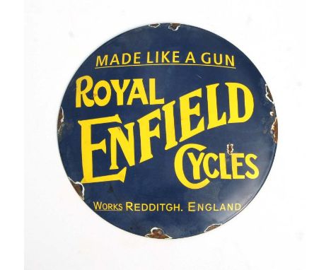 A circular enamel sign 'Mad Like a Gun Royal Enfield Cycles', 30cms diameter.Condition ReportThere is no age to this sign.