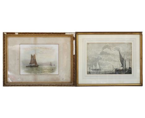 Late 19th century English school - Seascape with Fishing Smacks - watercolour, framed &amp; glazed, 30 by 23cms; together wit