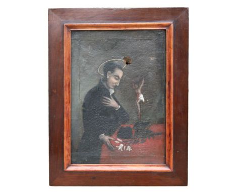 An 18th century old master In the manner of El Greco - A Saint Worshipping at the Altar - oil on canvas, framed, 20 by 28cms.
