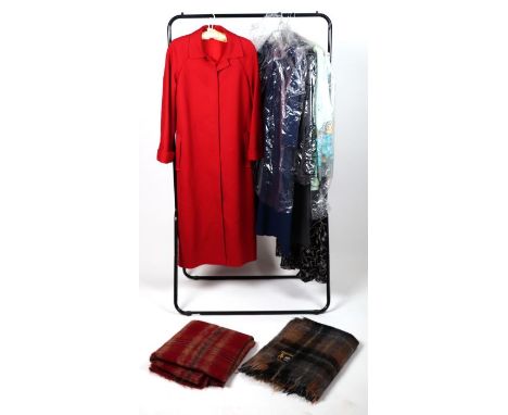 A vintage red woollen overcoat by Fortnum &amp; Mason; together with other ladies fashion dresses.
